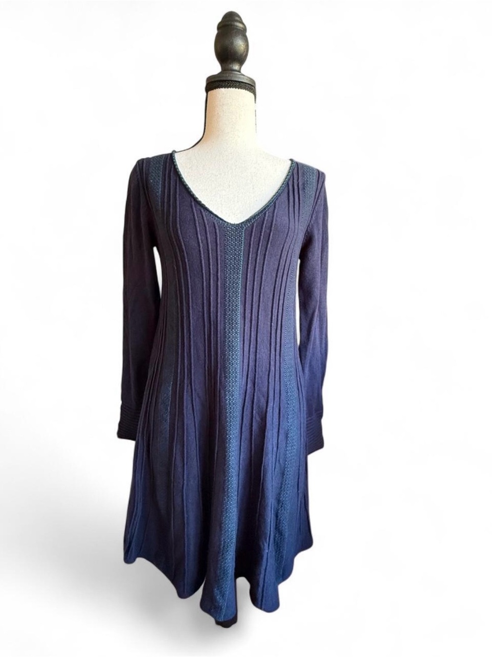 Max Studio Ribbed Knit Sweater Dress M Navy Blue Teal A-Line Cottagecore Cozy